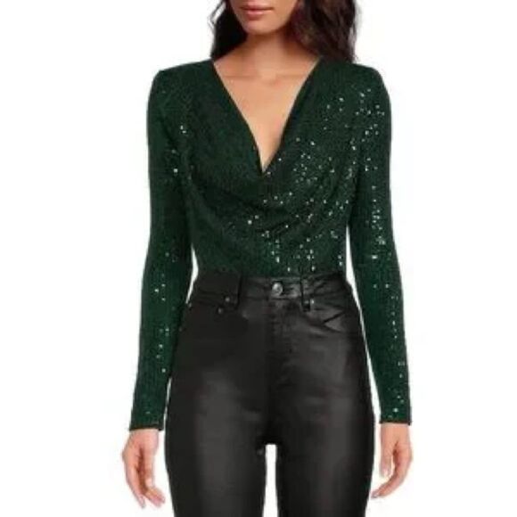 A Loves A Green Sequin Sparkle Cowl Neck Bodysuit Size S - Picture 5 of 9